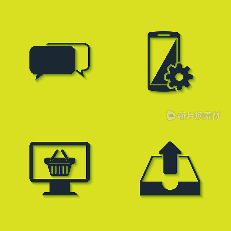 Set Chat, Upload inbox, Monitor with shopping basket and Setting smartphone icon. Vector